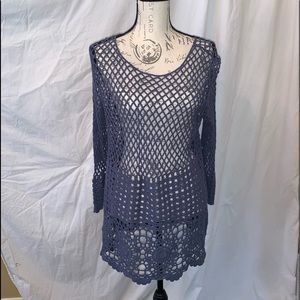 Slate blue crochet top with flair sleeves NWOT
